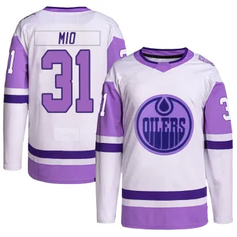 Men's Eddie Mio Edmonton Oilers Hockey Fights Cancer Primegreen Jersey - White/Purple Authentic